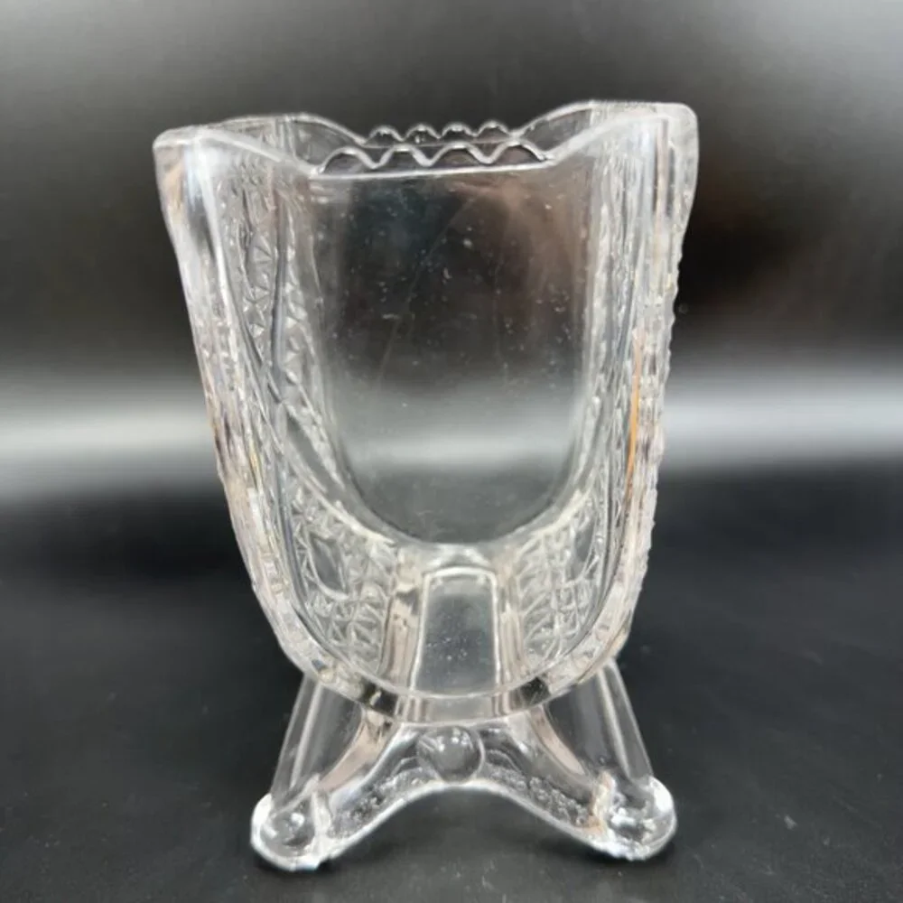 EAPG Adams & Co Clear Crossbar Finecut Footed Clear Vase Manganese 365nm UV Glow